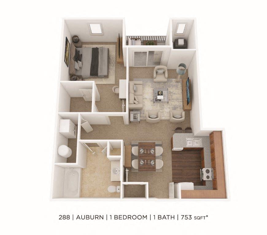 Floor plan for 1 bed, 1 bath, 753 sqft